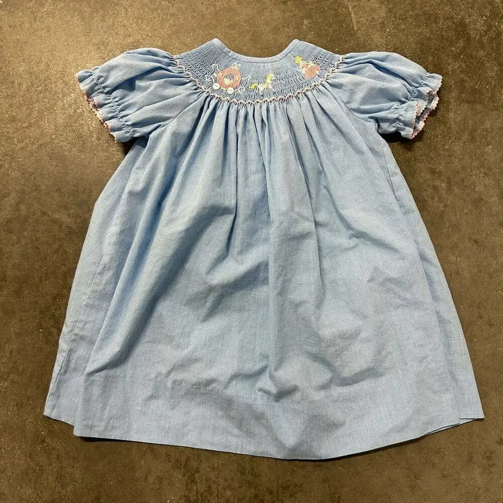 Amanda Remembered Size 2 Blue Gingham Smocked Bishop Dress Hand Embroidered